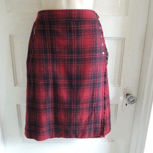 Eddie Bauer Red & Black Wool Blend Plaid Wrap Fringed Skirt 10P